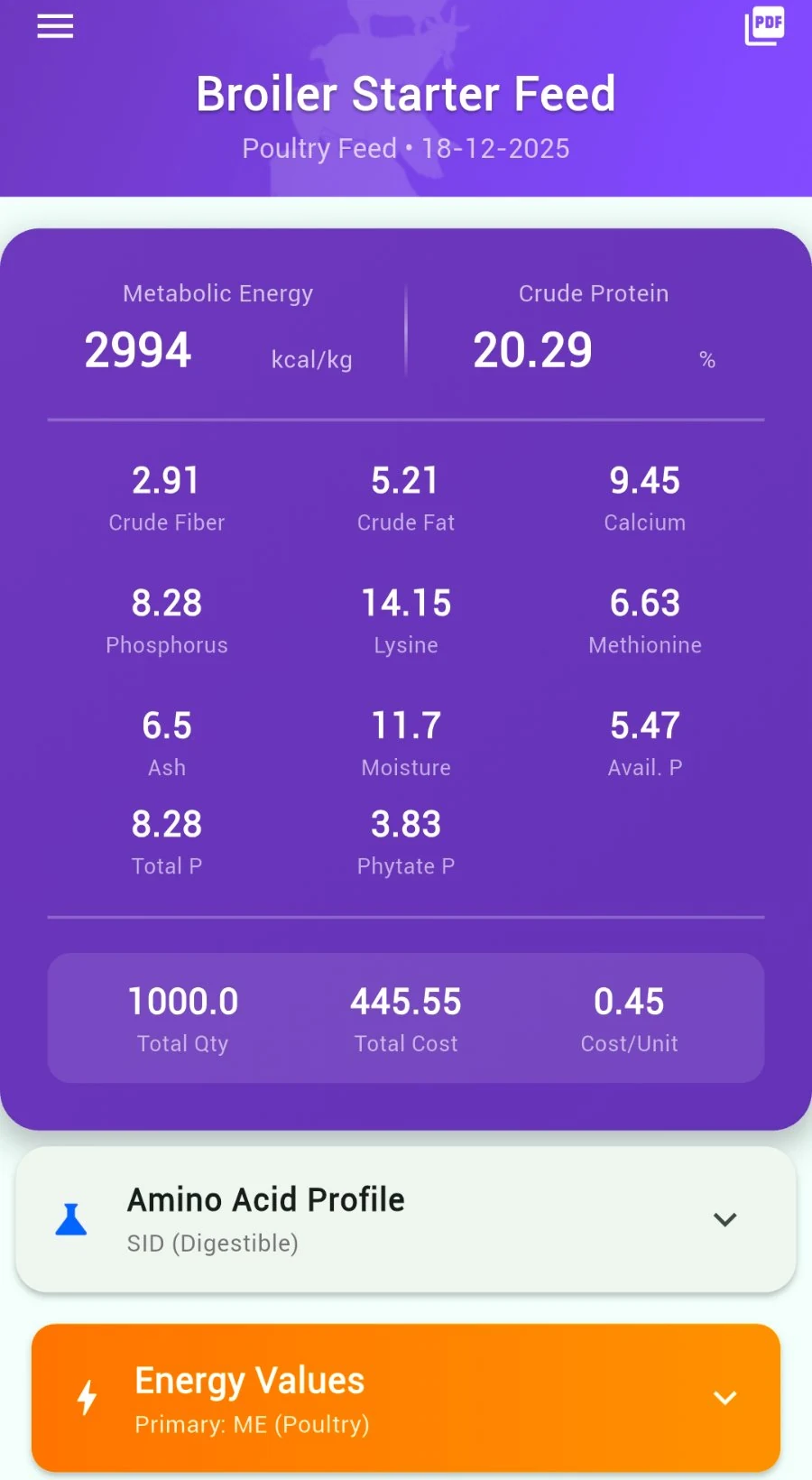 Feed Estimator nutrition analysis result showing protein and energy values