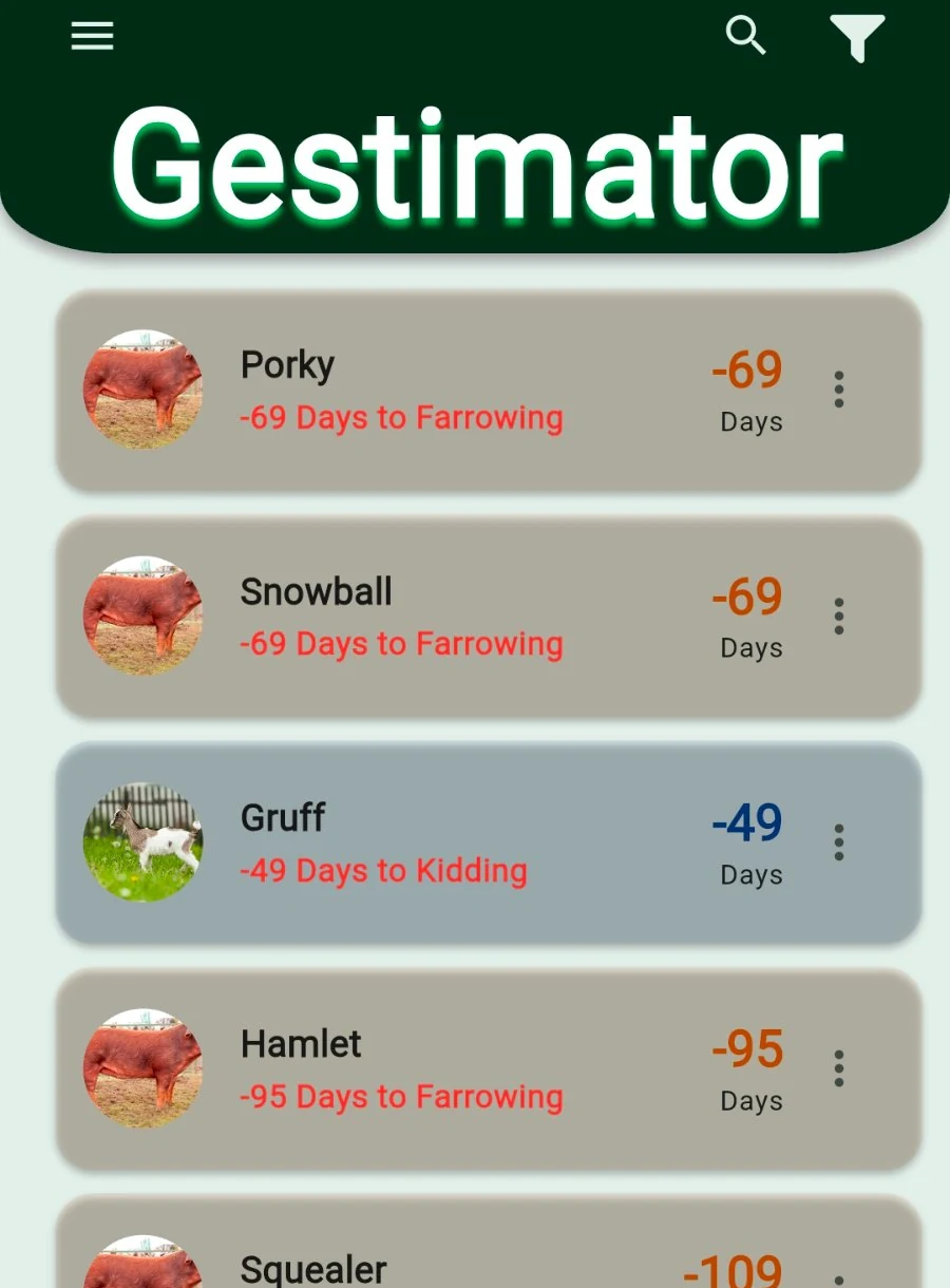 Gestimator animal list showing countdown days to farrowing